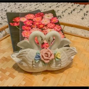 Vintage Kitschy Double Swan Planter with Flowers